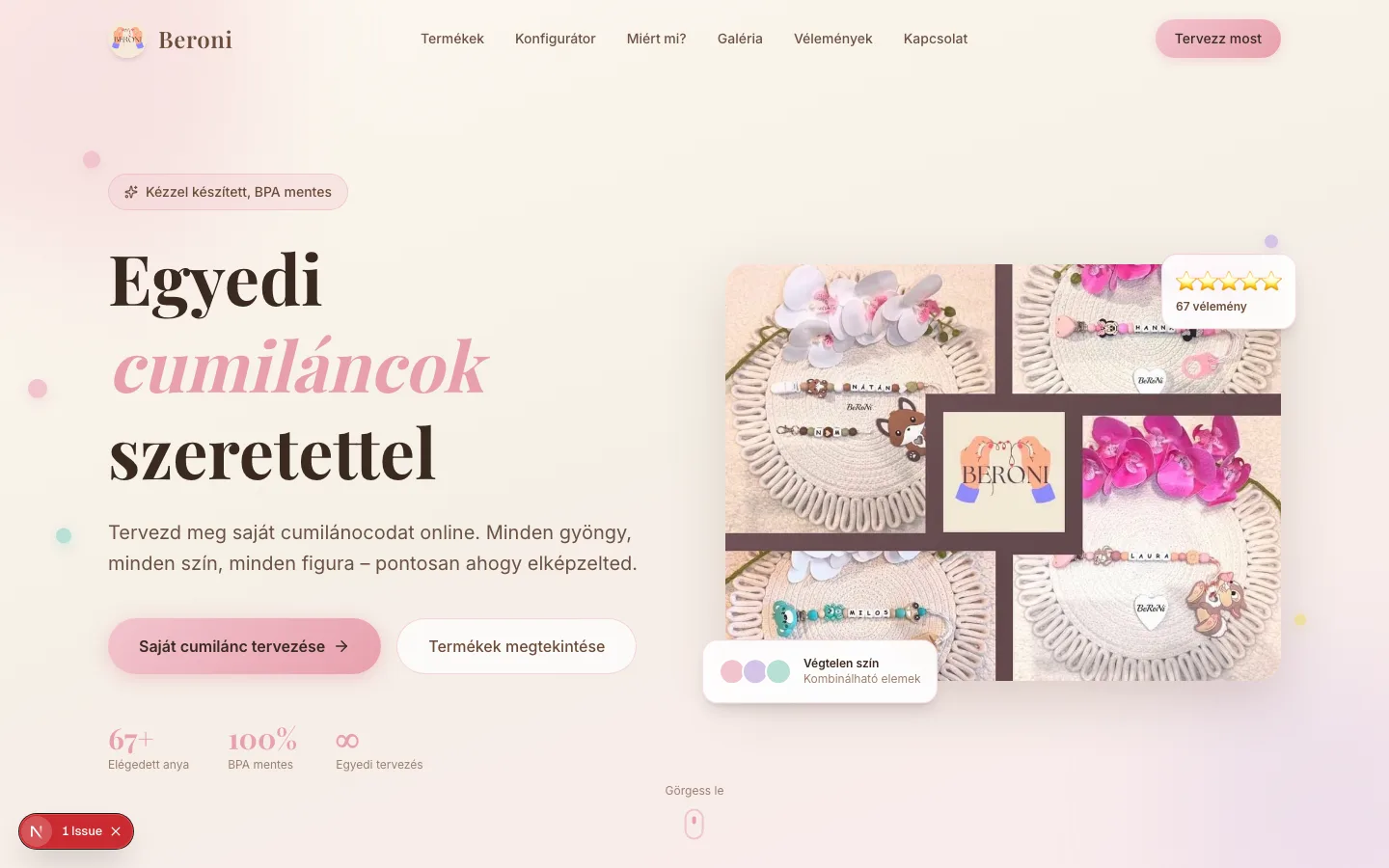 Beroni kézműves ékszer webshop és online lánctervező nyitóképernyője