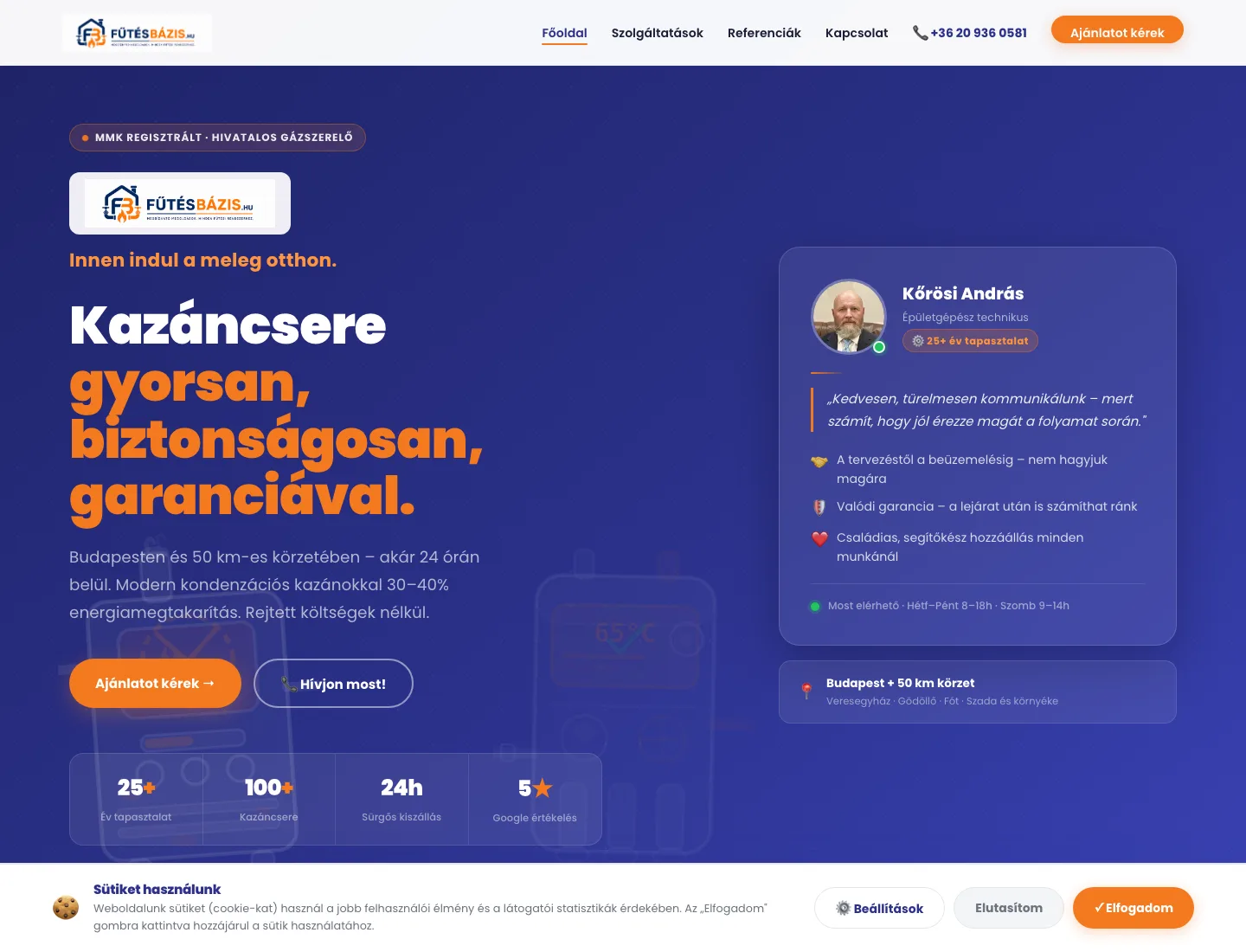 FűtésBázis.hu modern kazáncsere weboldal nyitóképernyője