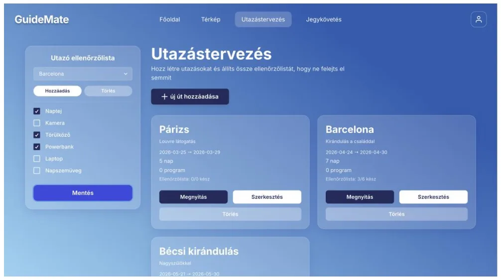 GuideMate utazáskártyák nézet
