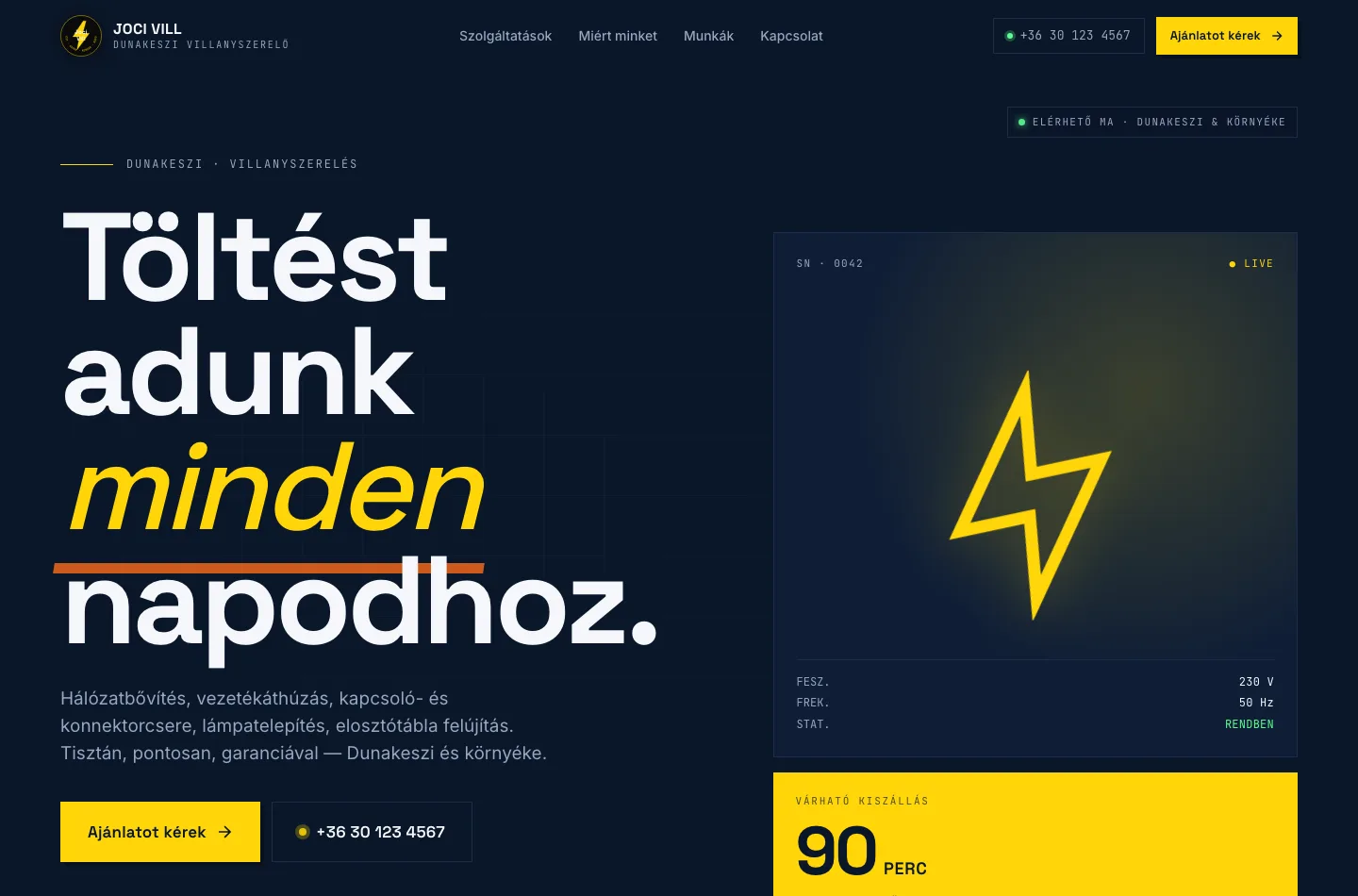 Joci Villany budapesti villanyszerelő weboldal nyitóképernyője