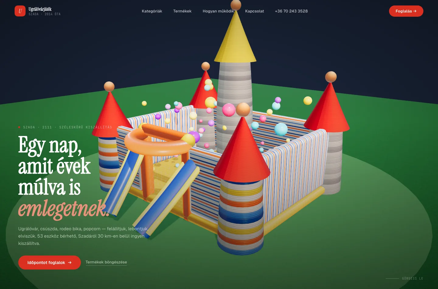 Ugrálóváras foglalási weboldal 3D nyitóképernyője